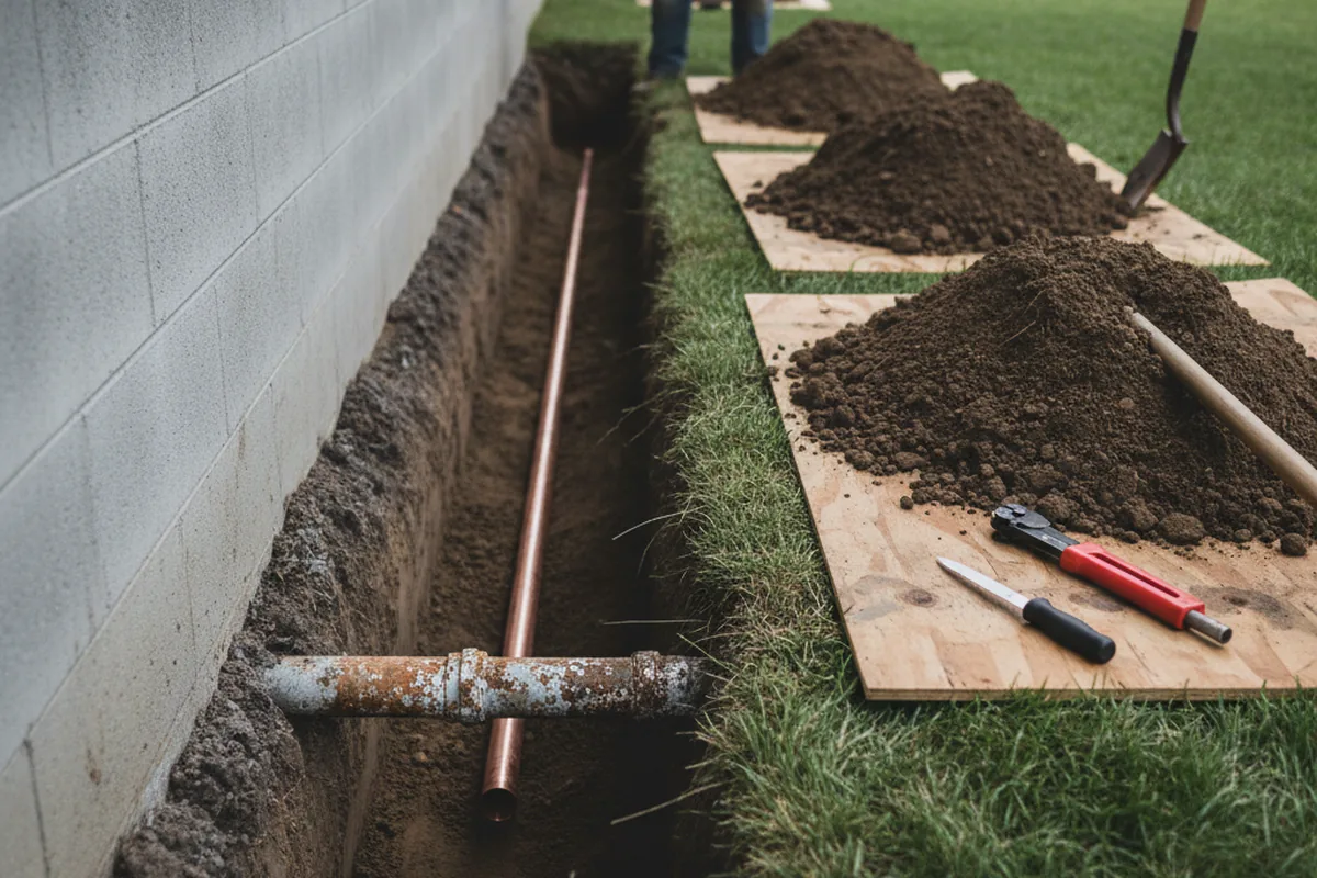 Excavated water line trench during Sewer Line Repair in Dime Box